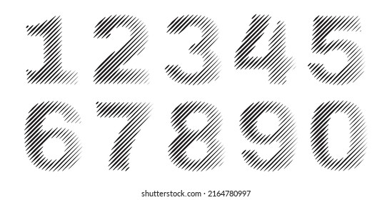 Halftone numbers set. Half tone numeral symbols, captcha number icons, alphabet vector font, count lined print