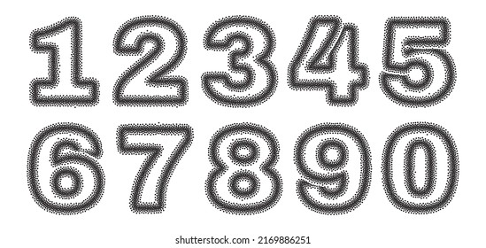 Halftone numbers set. Half tone numeral symbols, captcha number icons, alphabet vector font, count lined print