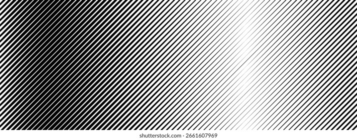 Textura de gradiente de linha oblíqua de meio-tom. Fundo de gradação de faixa diagonal preta. Plano de fundo de padrão de traçados inclinados repetidos. Vibrando linhas paralelas papel de parede. Desvanecer inclinação moire sobreposição. Vetor