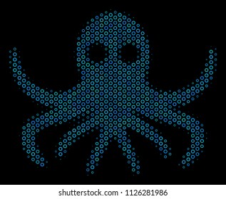 Halftone Octopus composition icon of empty circles in blue color tinges on a black background. Vector empty circles are grouped into octopus composition.
