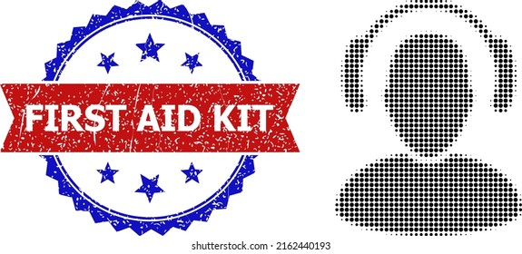 Icono de operador en línea de semitono y sello de sello del kit de primeros auxilios inmundo bicolor. El icono de operador en línea de semitono se construye con pequeños elementos de círculo. Sello vectorial con un estilo bicoloroso impuro,