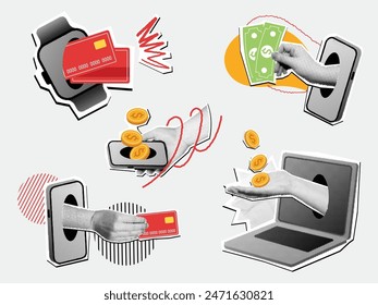 Halftone online payment collage. Mixed media digital purchase, mobile payments and e commerce concept vector illustration set