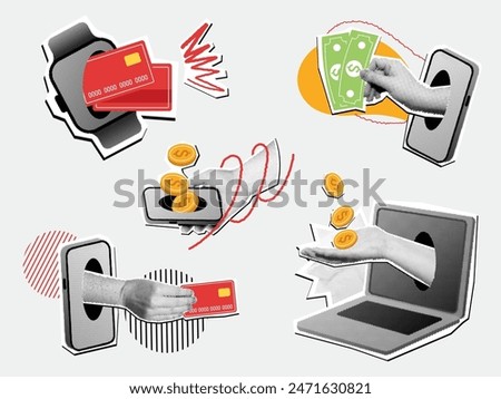 Halftone online payment collage. Mixed media digital purchase, mobile payments and e commerce concept vector illustration set