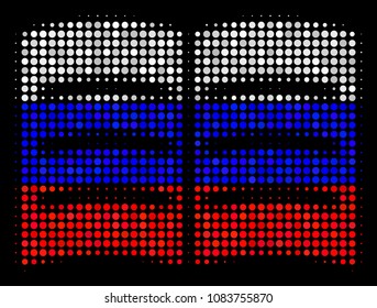 Halftone Open Book pictogram colored in Russia official flag colors on a dark background. Vector composition of open book icon designed with spheric blots.