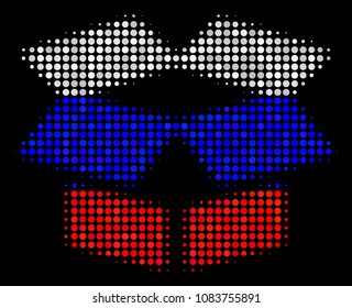 Halftone Open Box icon colored in Russia state flag colors on a dark background. Vector composition of open box icon designed with circle pixels.