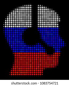 Halftone Operator pictogram colored in Russia state flag colors on a dark background. Vector concept of operator icon organized with round elements.