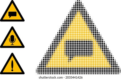 Halftone meint warnend. Empfohlene Meinungswarnung mit kleinen Kreispunkten. Vektorgrafik des Meinungswarnsymbol auf weißem Hintergrund. Halftone Muster enthält Kreispunkte.