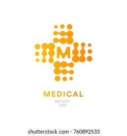 Halftone orange cross, plus symbol. Medical abstract logo. MRI scanning diagnostic vector logotype