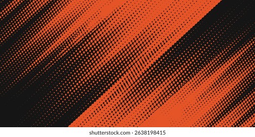 Halftone orange dots pattern and black gradient grunge texture background. Dotted line comic sport style vector grunge.