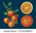 Halftone Orange Fruit Collection - Set of Fresh Citrus Slices, Whole Oranges on Branch with Leaves - Retro Dotted Pop Art Style Vector Graphic for Summer Food Menu and Juice Branding