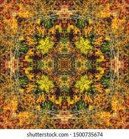Halftone orange ornament, autumn pattern. Drawing vintage style. Grunge texture. Festive greeting card. Abstract art background. Modern symmetric pattern. Festive art backdrop. Creative vector element