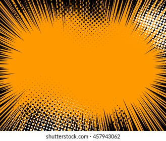 Halftone Orange Sunburst Comic Book Background. Pop art abstract page template