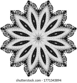 Halftonschmuck, einfarbiges Muster. Zeichnen von Vintage-Stil. Grunge Textur. Feierliche Vintage Zeichnung. Abstrakter Kunsthintergrund. Modernes symmetrisches Muster. Festliche Kunsthintergründe. Kreatives Vektorelement