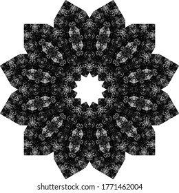 Halftone ornament, monochrome pattern. Drawing vintage style. Grunge texture. Festive vintage drawing. Abstract art background. Modern symmetric pattern. Festive art backdrop. Creative vector element