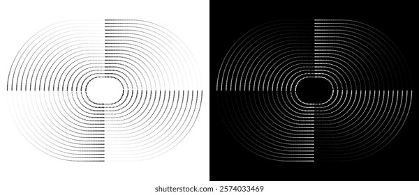 Halftone oval as icon or background. Abstract vector circle frame with dots as logo or design element. Black shape on a white background and the same white shape on the black side.