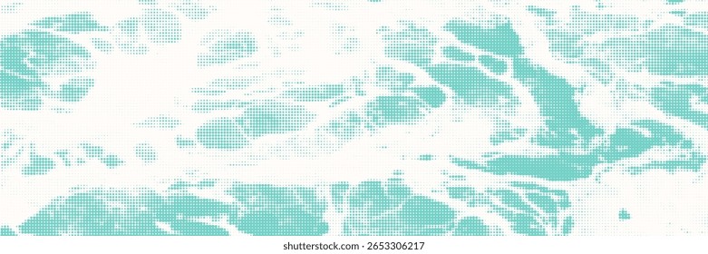 Sobreposição de meio-tom semelhante a ondas de água e espuma do mar. Textura de ponto branco no fundo azul da lagoa. Banner vetorial para projetos criativos e de design