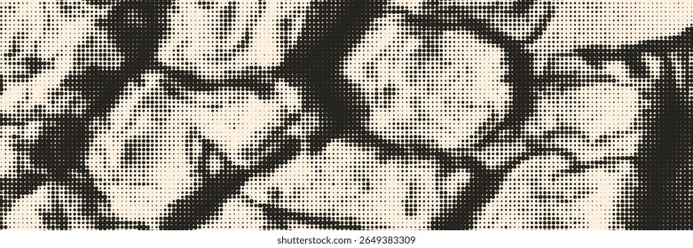 Halftone overlay resembling wood texture. Black dot, beige background. Vector banner for design and creative projects