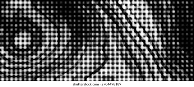 Halftone overlay resembling wood texture. Black dot, white background. Vector banner for design and creative projects

