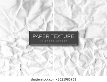 Halftone paper effect. Collection of crumpled paper texture with folds and scratches. Wrinkled white paper in halftone collage style. Vector