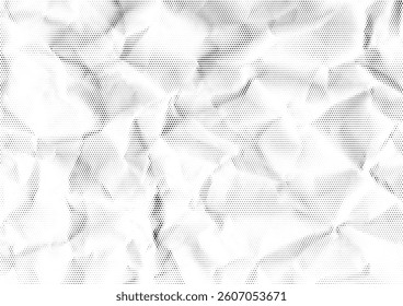 Halftone paper effect. Crumpled paper texture with folds and scratches. Wrinkled white paper in halftone collage style. Vector