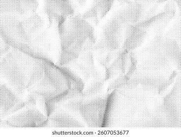 Halftone paper effect. Crumpled paper texture with folds and scratches. Wrinkled white paper in halftone collage style. Vector