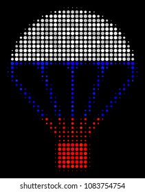 Halftone Parachute icon colored in Russian official flag colors on a dark background. Vector composition of parachute icon combined with round blots.