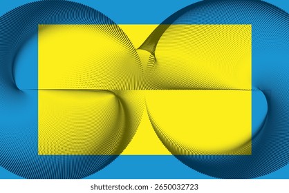 Halftone particle waves forming abstract curves on bold blue and yellow background.