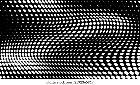 Halftone with particles. Wave of dots. Dotted pattern wavy texture. Abstract geometric background. Gradient vector illustration.
