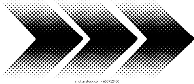 Halftone pattern. Background with dots, circles. Arrow indicates the direction of movement. The dynamic style. Black and white vector illustration
