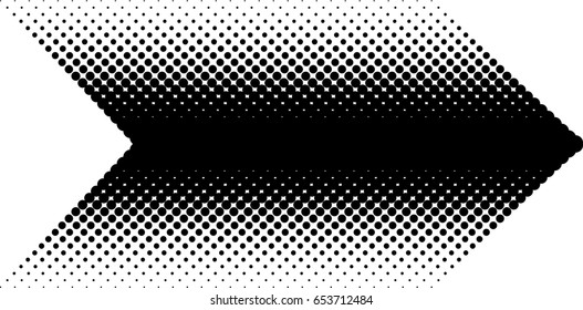 Halftone pattern. Background with dots, circles. Arrow indicates the direction of movement. The dynamic style. Black and white vector illustration