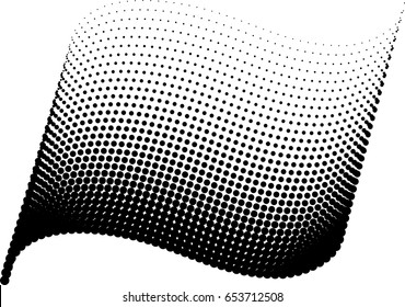 Halftone pattern. Background with dots, circles. Undulating curved shape. Black and white vector illustration