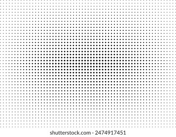 Halftone pattern, basic effect of black dots, white background, modern style, black circles arranged in rows with large in the center to small scattered all around.