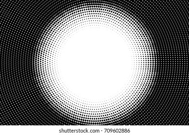 Halftone pattern with black dots on transparent overlay. Monochrome dotted vector illustration. Halftone overlay for vintage comic effect. Round dotted pattern with white center. Grunge texture