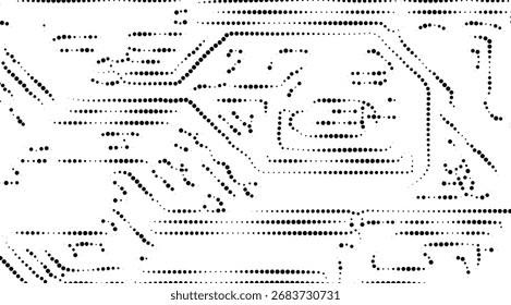 Halftone pattern of a circuit board design on a white background features geometric shapes and clean lines, evoking a modern, minimalist, and technology-driven aesthetic