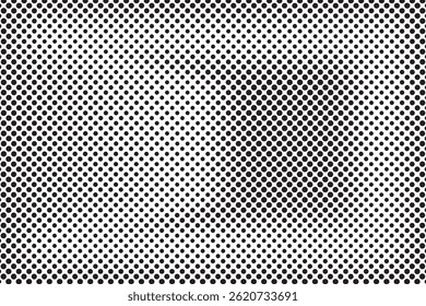 Halftone pattern design with black dots in a grid creating gradient shading depth and textured surface effect backdrop and background.