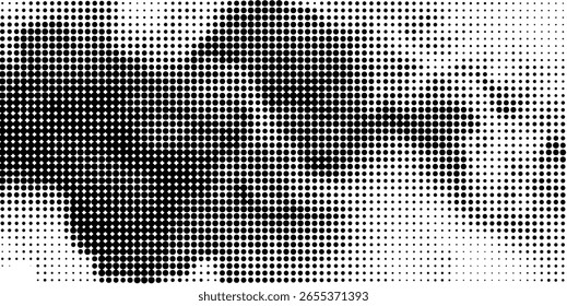 Padrão de meio-tom com clusters abstratos de pontos circulares pretos em um plano de fundo branco, criando um efeito visual texturizado com gradientes de densidade e contraste dinâmico, idealmente usado para plano de fundo