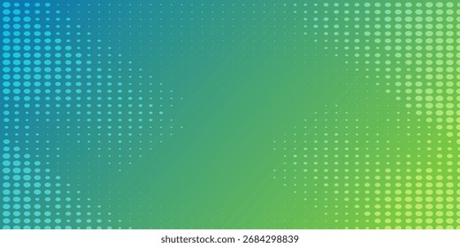 Un patrón de semitono con círculos azules y verdes dispuestos sobre un fondo degradado, creando un efecto visualmente dinámico y texturizado.