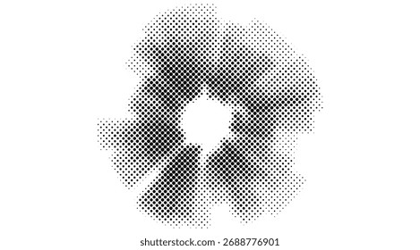 Halftone pattern forms an abstract floral design with black dots on a white background, creating a visually intriguing and modern graphic element suitable for various creative applications