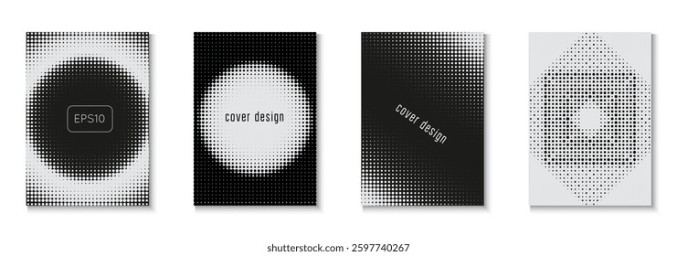 Halftone Pattern Set. 1980 Black And White  Flyer. Summer Concept With Minimal Art. Linear Shapes In Annual Frame. Business Template. White Abstract Poster. Black Halftone Pattern