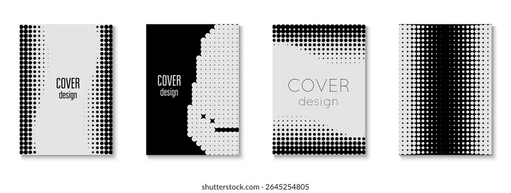 Halftone Pattern Set. Black Business Template. Graphic Black And White  Flyer. Wave Cover. Modern Tech With Simple Shapes. Young Hipster Design On Annual Page. White Halftone Pattern