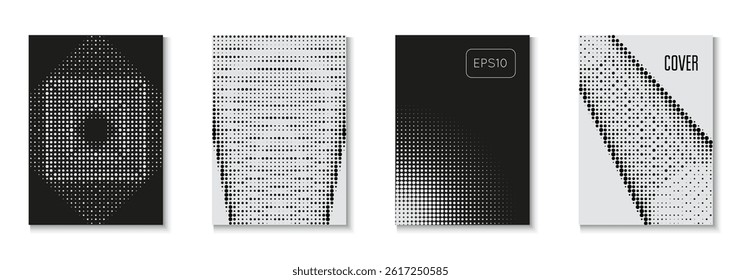 Halftone Pattern Set. Black Dots Poster. Brand White And Black  Flyer. Summer Circles With Modern Art. Linear Frame With Geometric Design. Graphic Cover. White Halftone Pattern