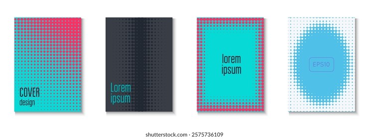 Halftone Pattern Set. Modern Shapes In Tech Layout. Linear Shapes In Annual Frame. Business Flyer. Minimalist Party Cover. Geometric Dot Poster. Trendy Halftone Pattern