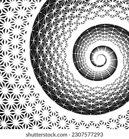 Halftone pattern in a spiral. Black and white vector background.