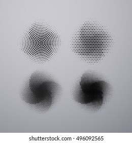 Halftone pattern stains. Vector illustration of textured halftone rotating stains. Grunge halftone background applicable for banner, print fabric design