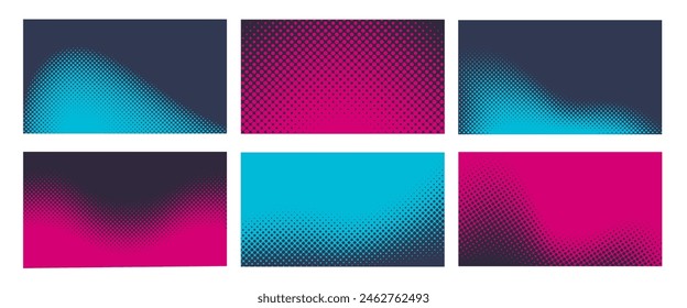 Halftone pattern wave background. Wavy duotone gradients, dynamic 16x9 backdrop isolated vector collection of pattern wave backdrop, gradient geometric illustration