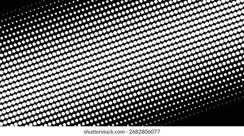Halftone pattern with white dots on a black background. The dots vary in size and density.