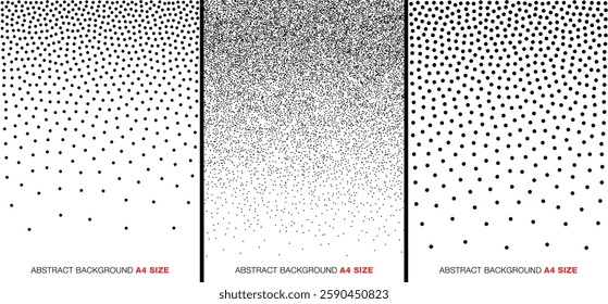Halftone patterns. Set of abstract gradient circle dots backgrounds. A4 paper size. Vector illustration.