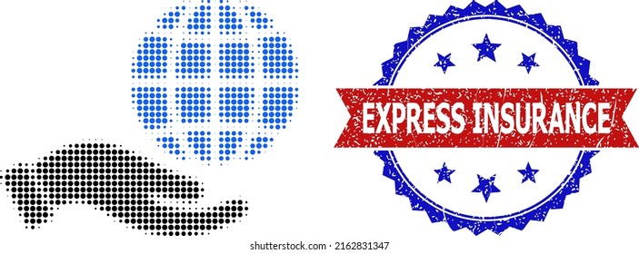 Halftone peace care hand icon, and bicolor grunge Express Insurance seal. Halftone peace care hand icon is generated with small round elements. Vector imprint with grunge bicolored style,