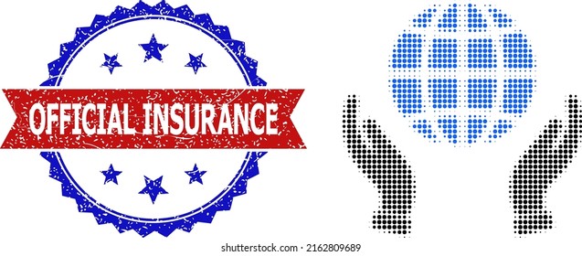 Halftone peace care hands icon, and bicolor scratched Official Insurance seal stamp. Halftone peace care hands icon is constructed with small round items. Vector seal with scratched bicolored style,