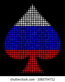 Halftone Peaks Suit pictogram colored in Russia official flag colors on a dark background. Vector composition of peaks suit icon combined with round spots.